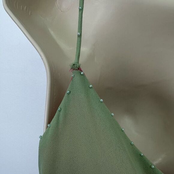 Geometrie Women’s Green Pink Y2K Floral Embroidered Dainty Bead Midi Slip Dress - Picture 5 of 11